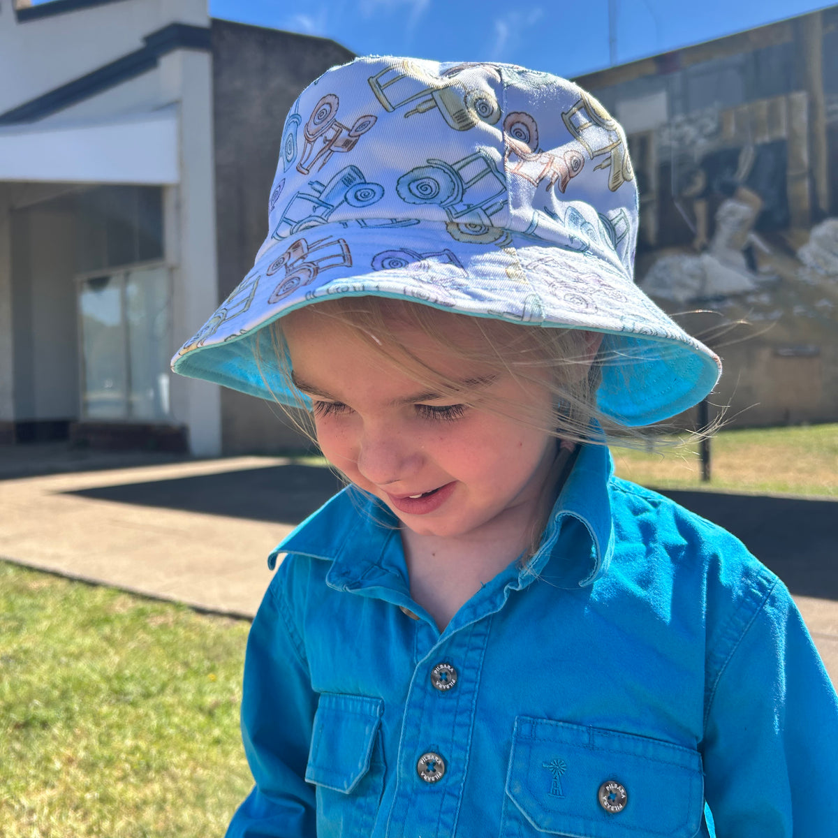 Kid's Cotton Little Farmer Reversible Bucket Hat 54cm - Tractors