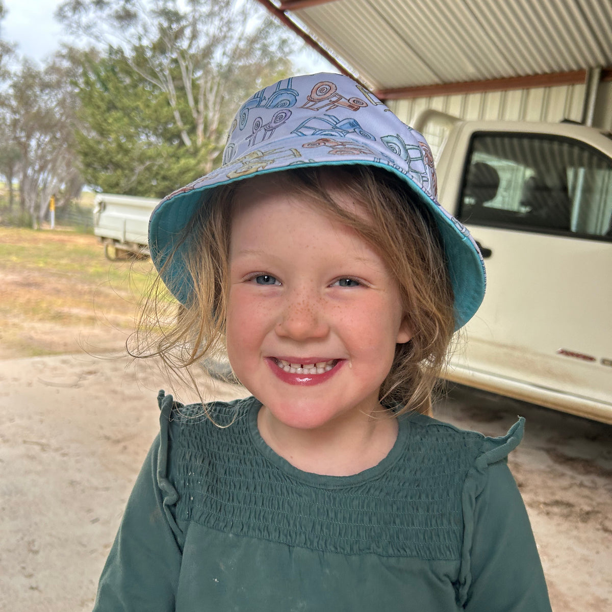 Kid's Cotton Little Farmer Reversible Bucket Hat 54cm - Tractors